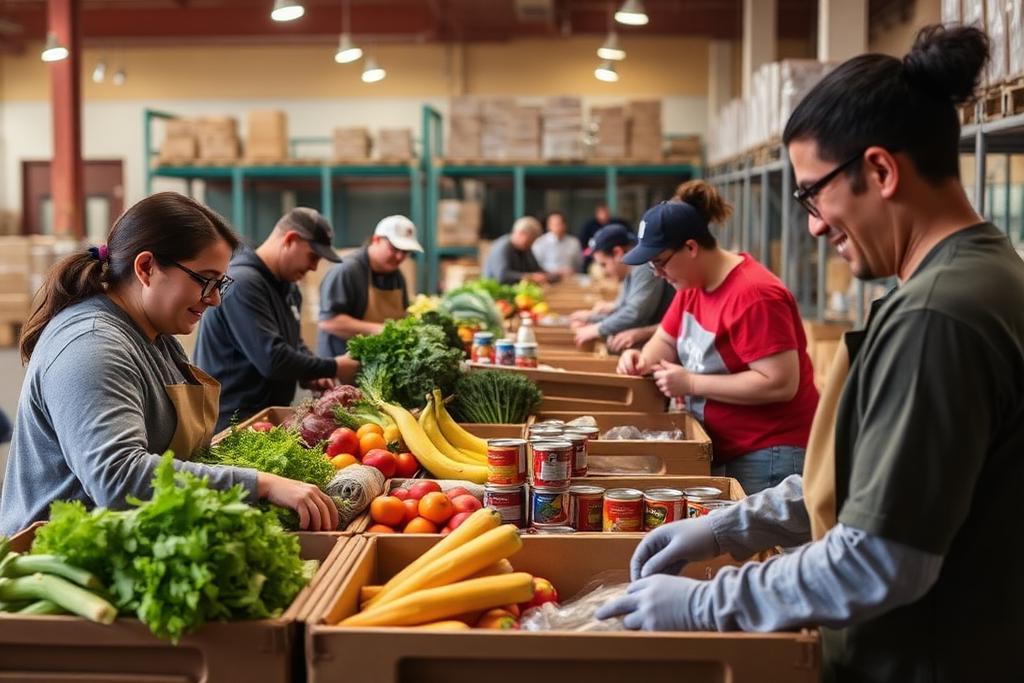 Volunteers sorting fresh produce and canned goods at a San Diego food bank warehouse