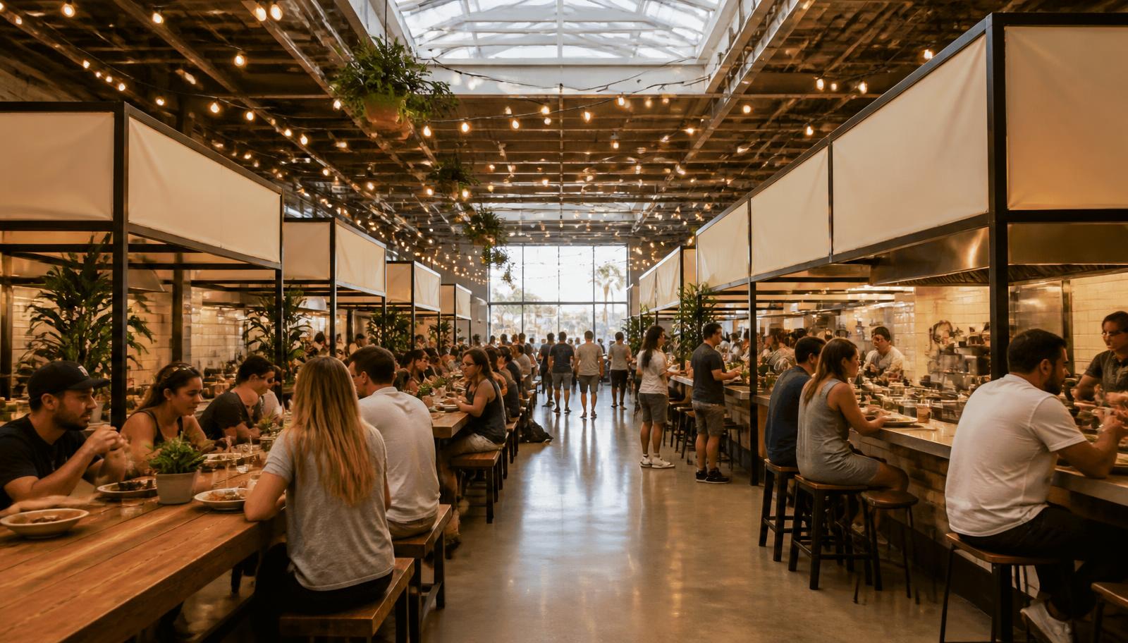 Interior of a San Diego food hall with vendor stalls, string lights, skylights, and communal wood tables full of diners