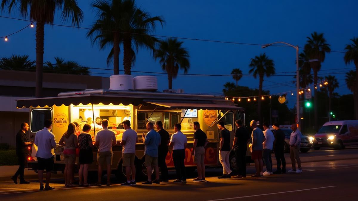 A San Diego food truck serving a line of guests at a private evening event under string lights