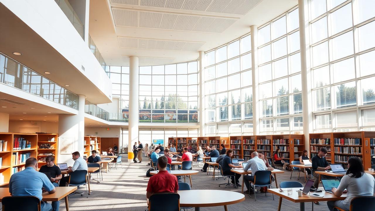 People using laptops on free public WiFi in a bright San Diego library reading room