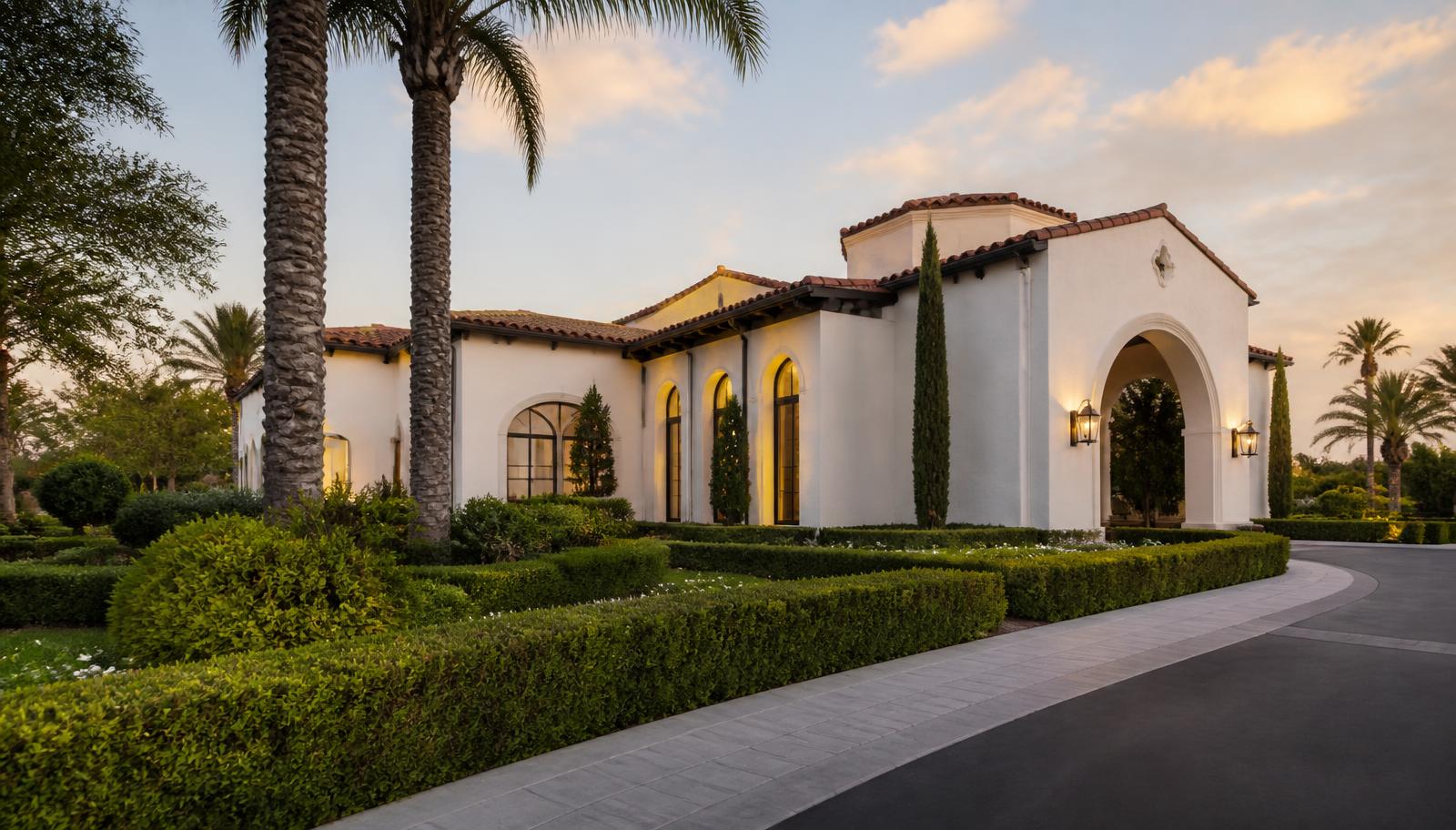 Spanish-style funeral home chapel with white stucco walls, red tile roof, arched entry, and manicured hedges at golden hour in San Diego