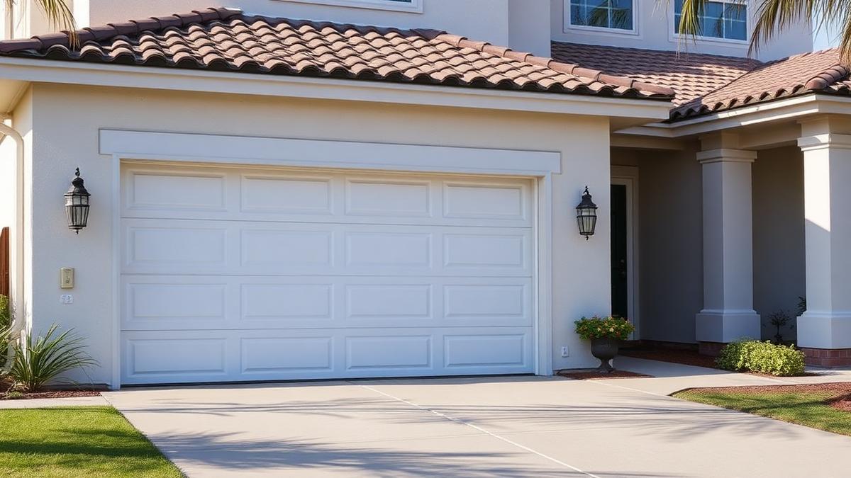 Modern white two-car garage door on a Southern California stucco home with a clean driveway