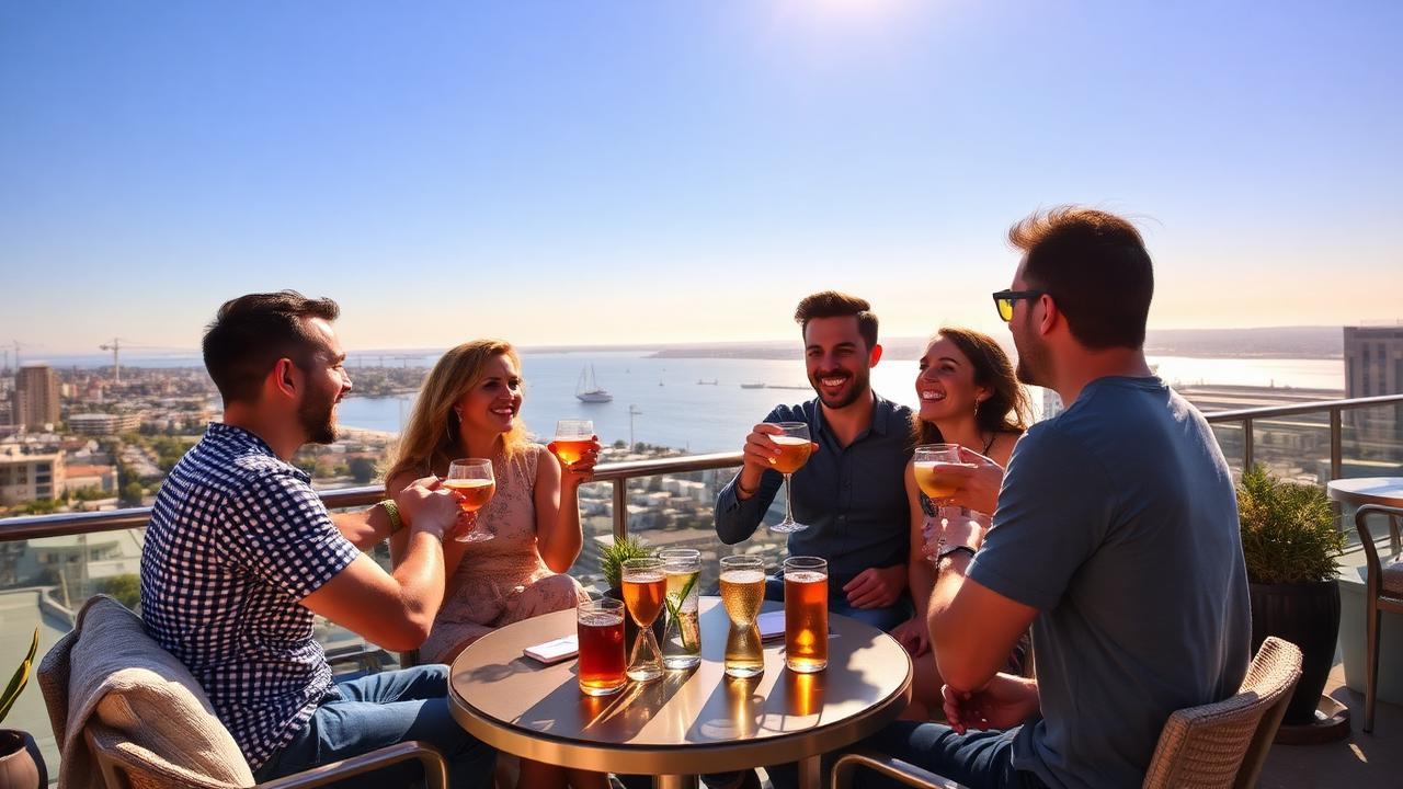 Group of friends toasting drinks on a sunny San Diego rooftop patio overlooking the bay