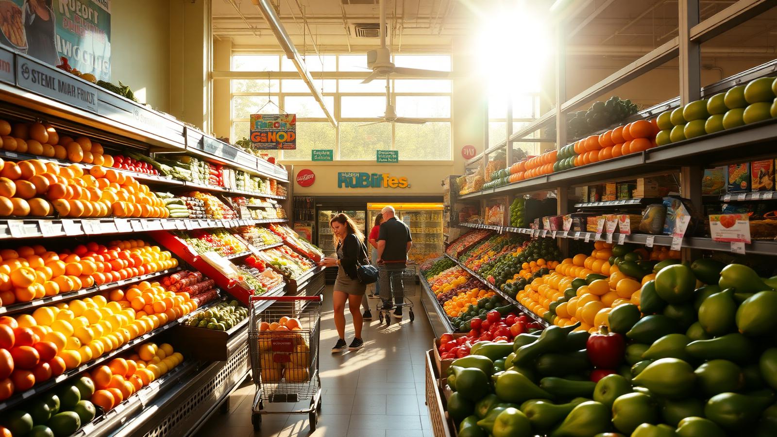 Sunlit produce aisle stacked with citrus, avocados and peppers inside a San Diego grocery market