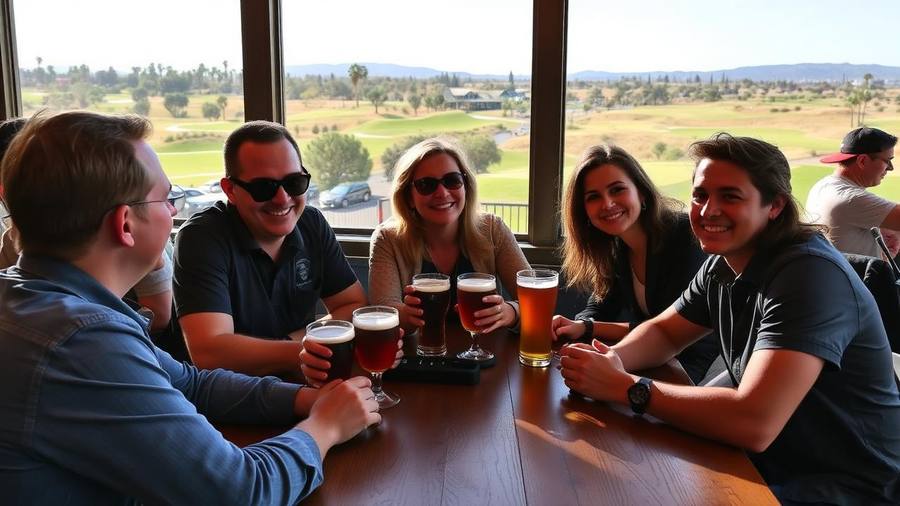 Group of friends with beer flights at a San Diego brewery taproom overlooking a golf course