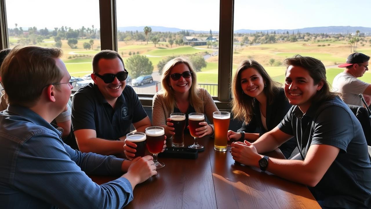 Group of friends with beer flights at a San Diego brewery taproom overlooking a golf course