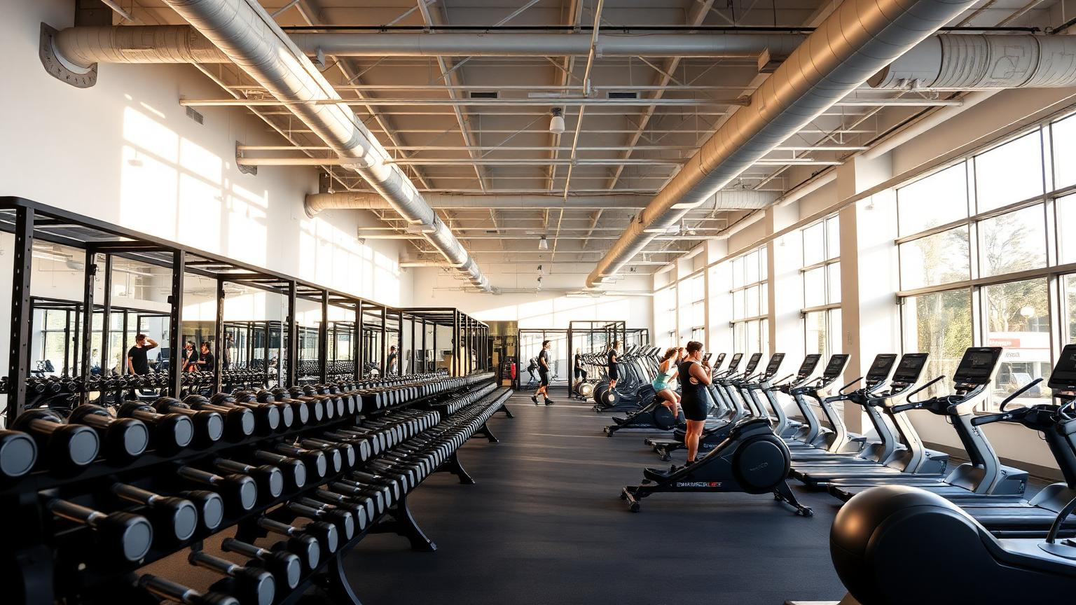 Bright San Diego gym floor with dumbbell racks, squat racks and cardio machines