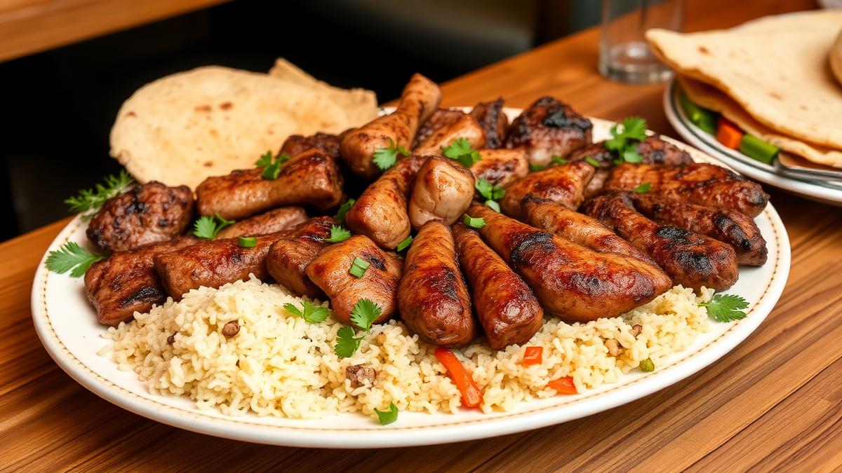 Platter of halal grilled meats, seasoned rice, and flatbread at a San Diego restaurant