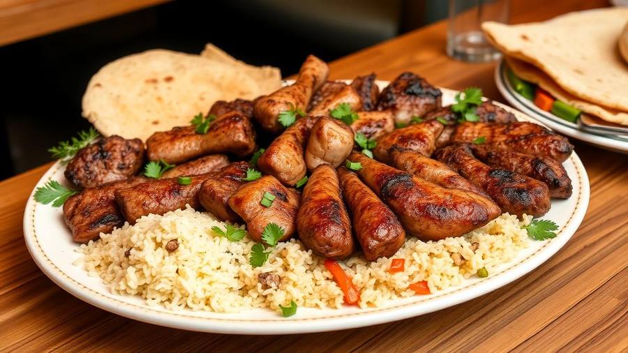 Platter of halal grilled meats, seasoned rice, and flatbread at a San Diego restaurant