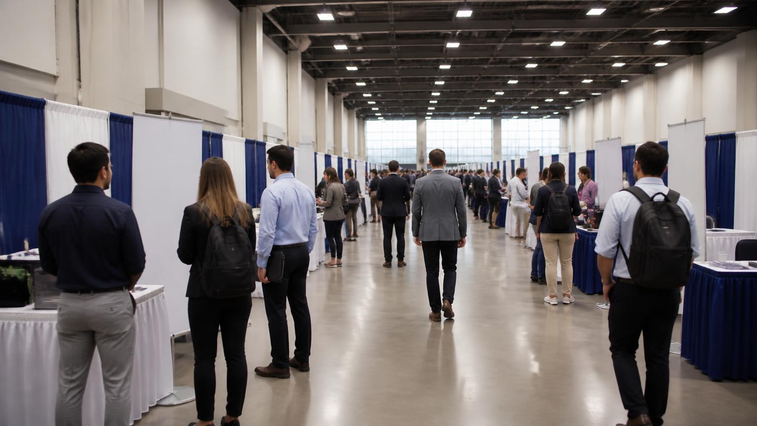 Rows of recruiting booths at a career fair inside a bright San Diego convention hall with job seekers walking the aisles
