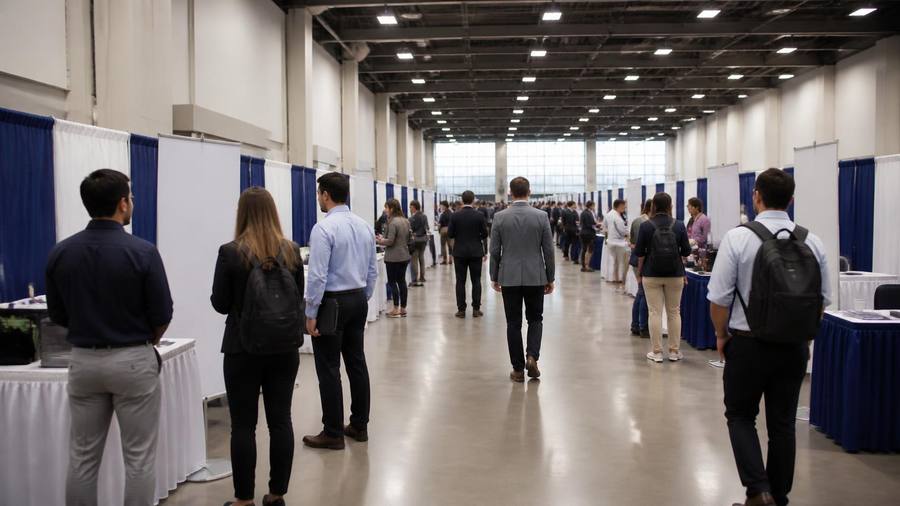 Rows of recruiting booths at a career fair inside a bright San Diego convention hall with job seekers walking the aisles