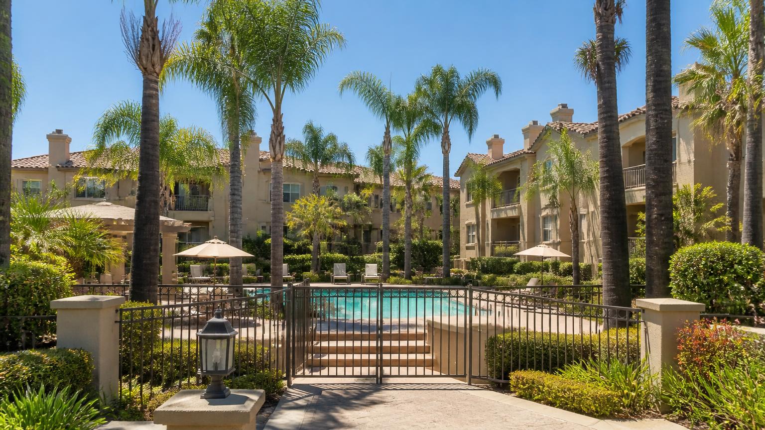 Gated Southern California condo complex with a shared pool, manicured landscaping, and palm trees