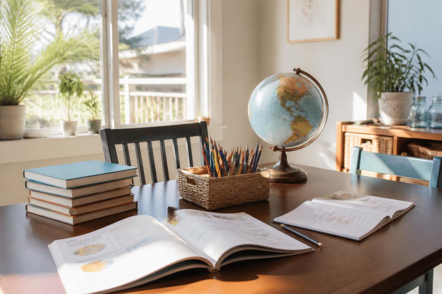 Sunlit dining table homeschool setup with open workbooks, colored pencils, a globe and stacked library books