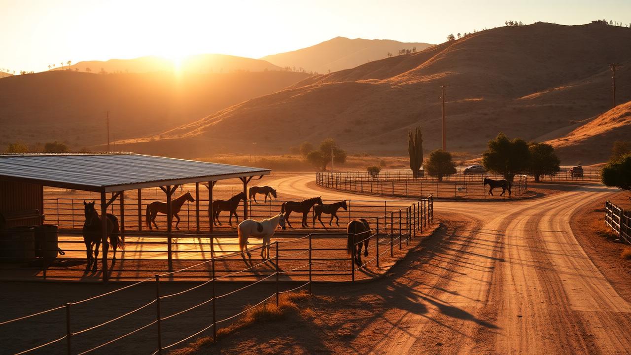 Southern California horse boarding stable at golden hour with covered stalls, pipe corrals, and horses in paddocks