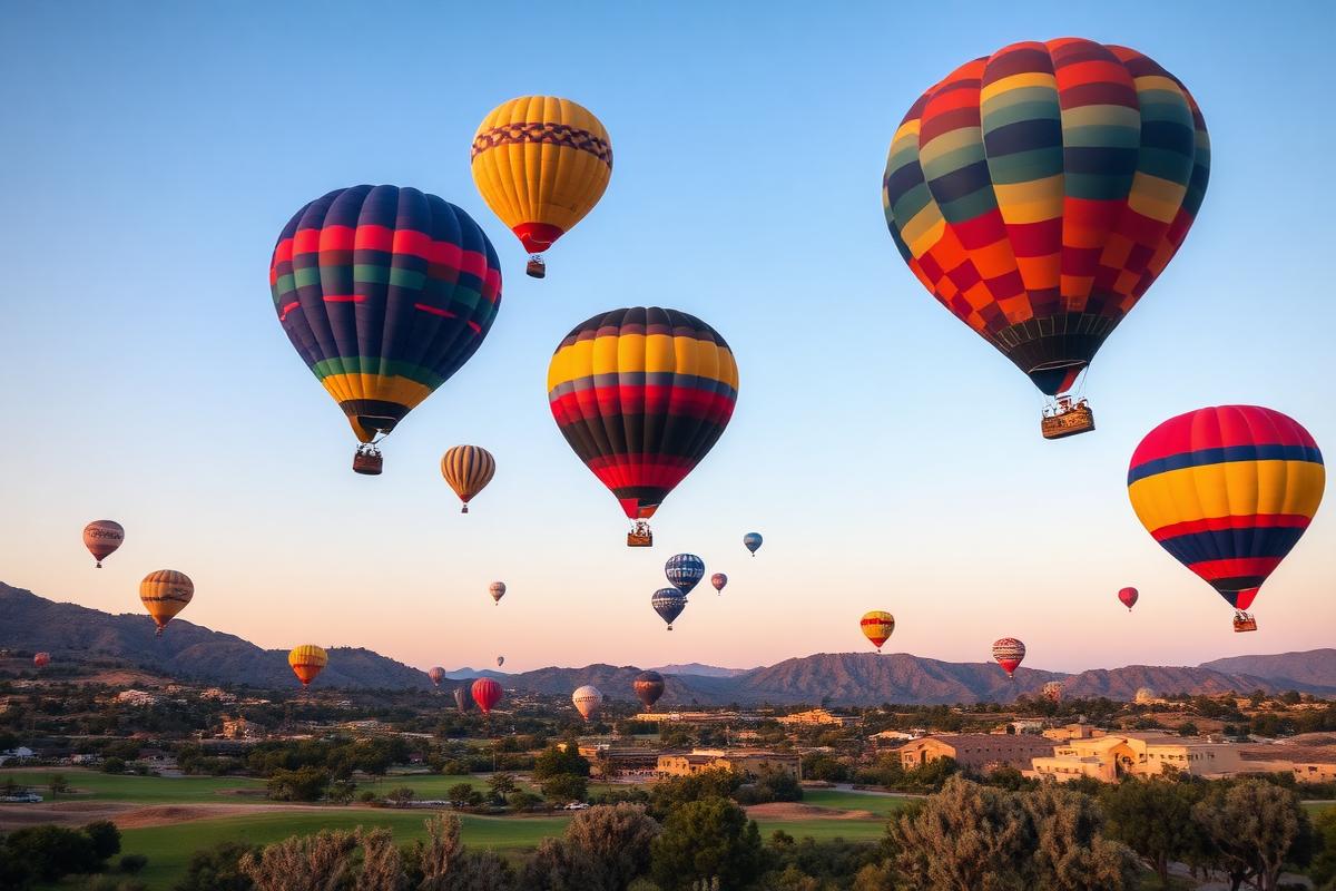 Colorful hot air balloons rising at golden hour over green valleys and hills in Southern California