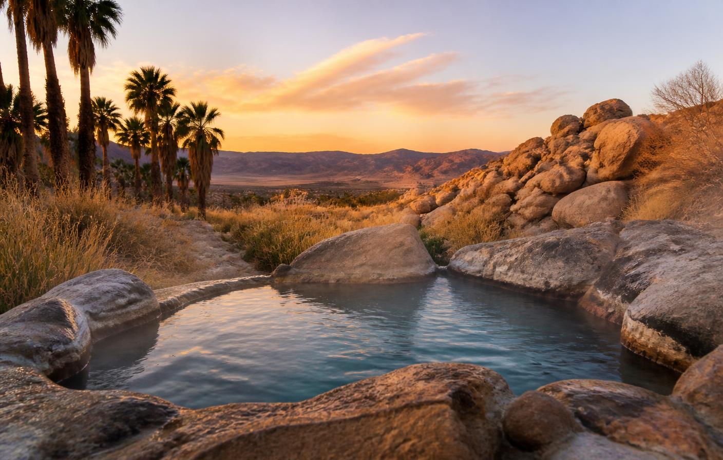 Steaming natural rock-lined hot spring pool at sunset in the Southern California desert with palm trees and boulder hills