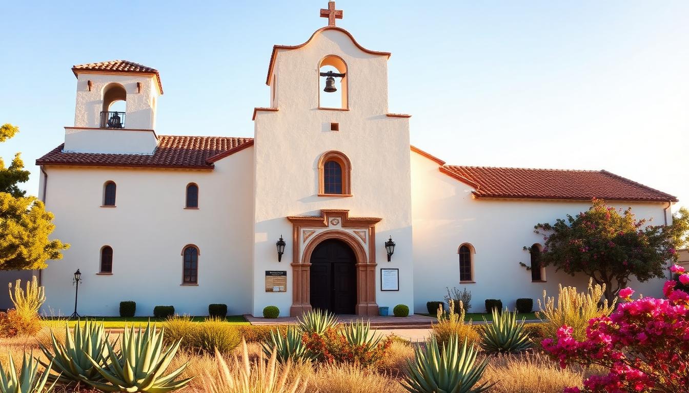 Historic California mission church with white stucco walls, red tile roof, and bell tower surrounded by drought-tolerant gardens in San Diego