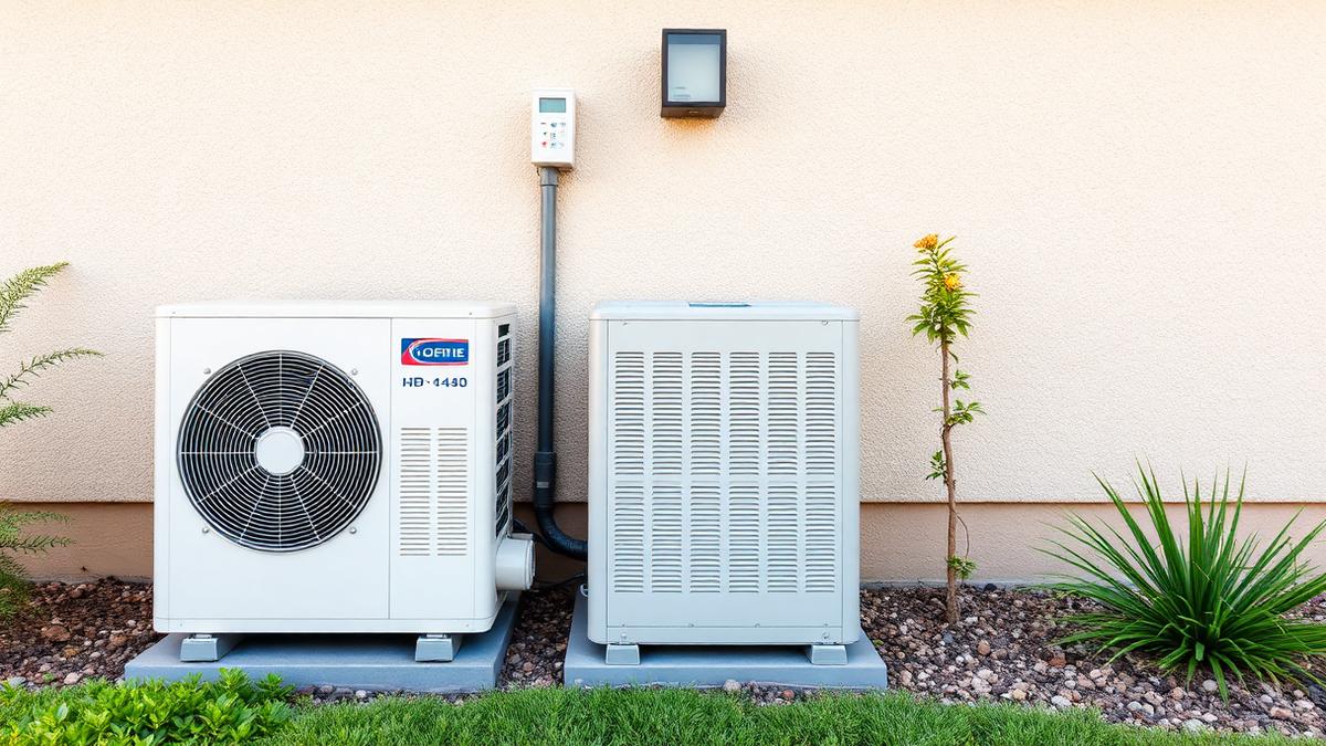 Outdoor heat pump and air conditioning condenser units installed beside a stucco San Diego home