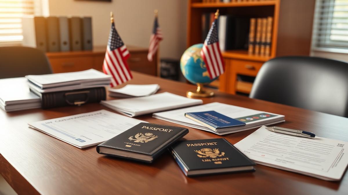 Immigration attorney's desk with passports, visa application paperwork, a globe and a small US flag