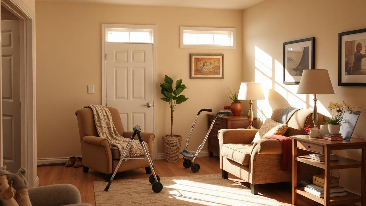 Sunlit San Diego living room set up for aging in place with a walker beside a recliner and a grab bar in the hallway