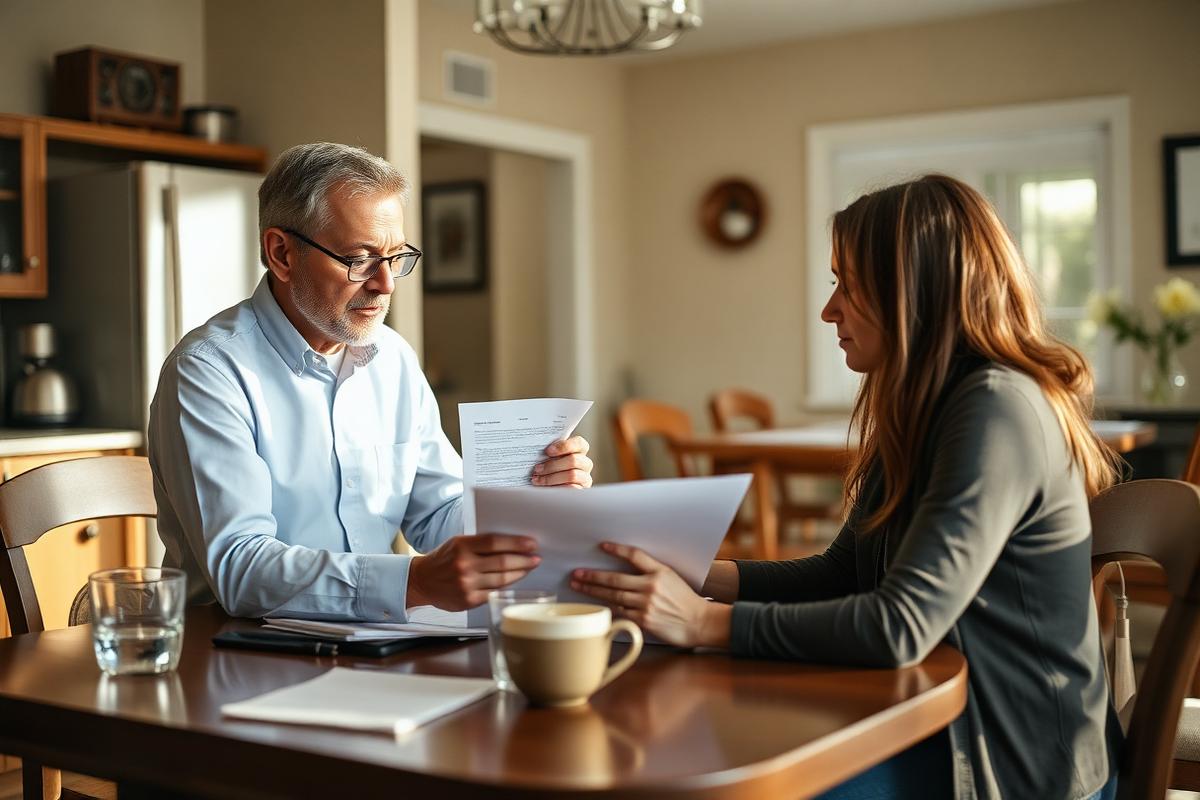 Insurance agent reviewing a policy document with a homeowner at a kitchen table in a California home