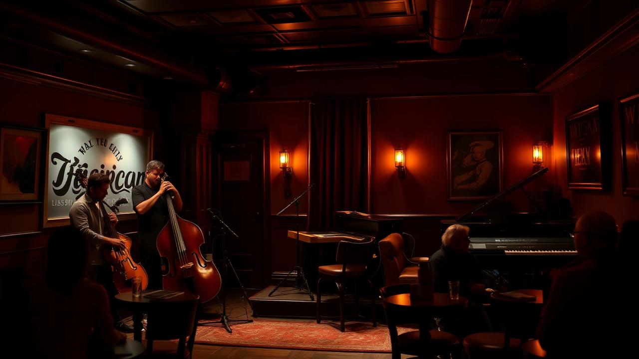 Trio playing upright bass, piano and saxophone on a small stage in a warmly lit San Diego jazz club