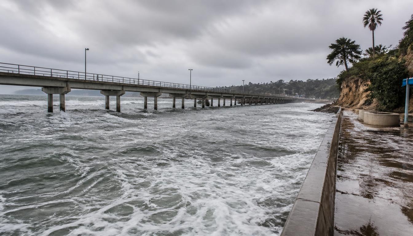 High surf flooding beneath Scripps Pier in La Jolla during a king tide with waves surging against the seawall