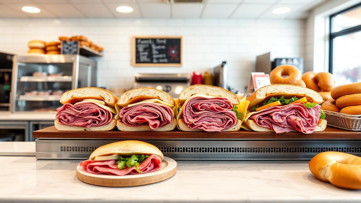 Kosher deli counter in San Diego with pastrami sandwiches, bagels, and challah