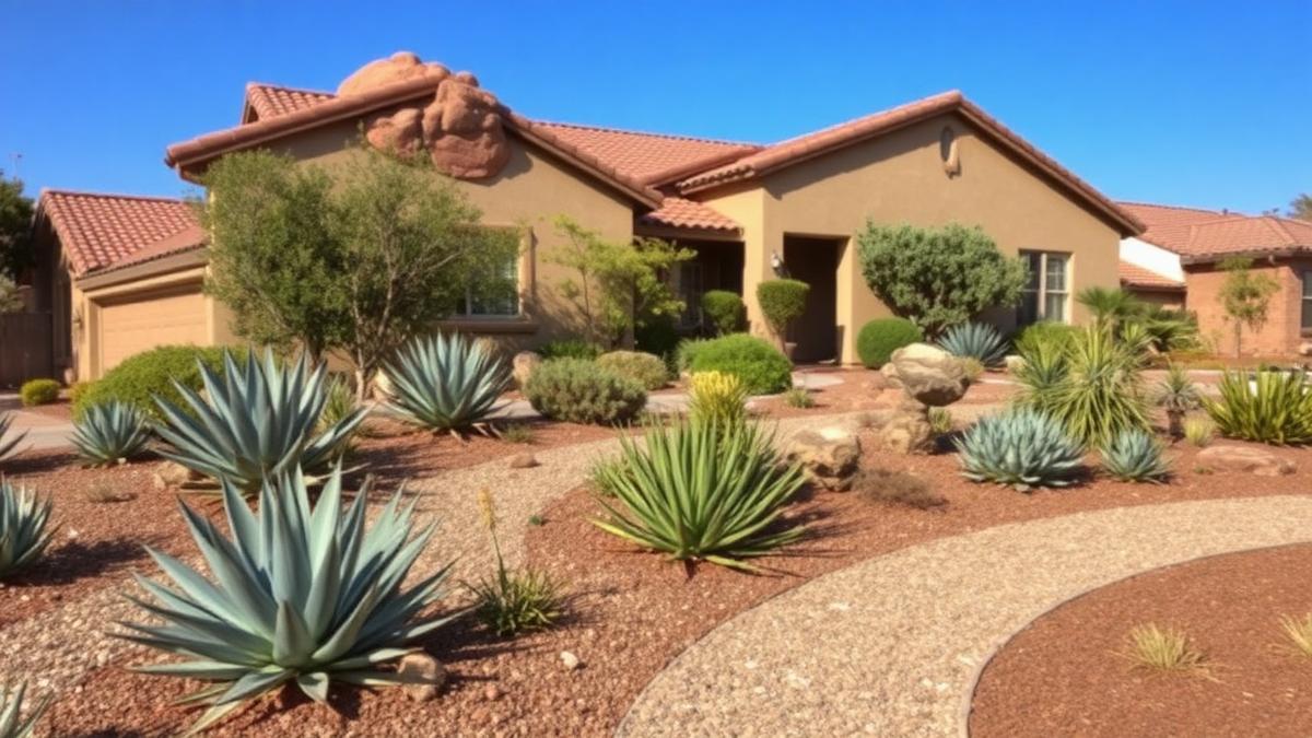 Drought-tolerant xeriscape front yard in San Diego with agave, succulents, boulders and a gravel path
