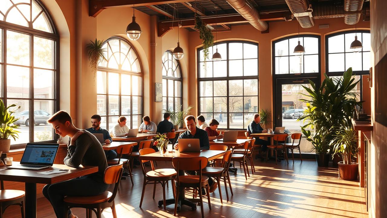 People working on laptops at wooden tables in a sunlit San Diego coffee shop