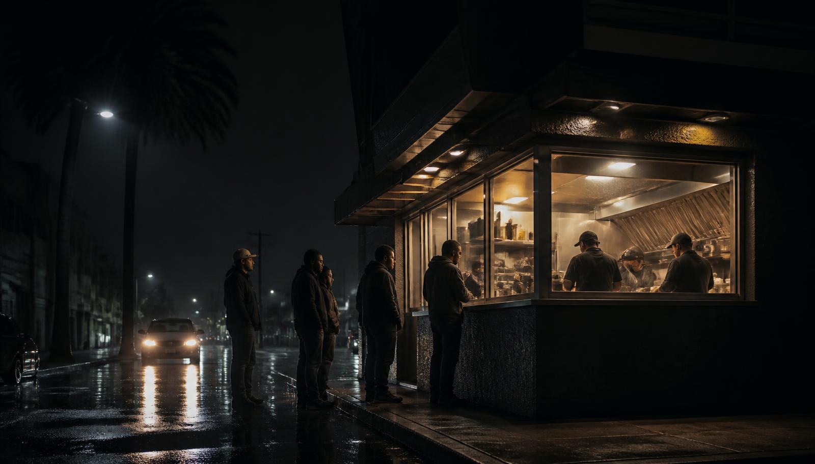 Late-night San Diego street tacos and neon restaurant signs