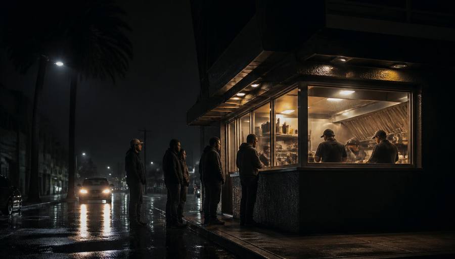 San Diego corner taco shop counter glowing at night with a few customers waiting on a wet sidewalk