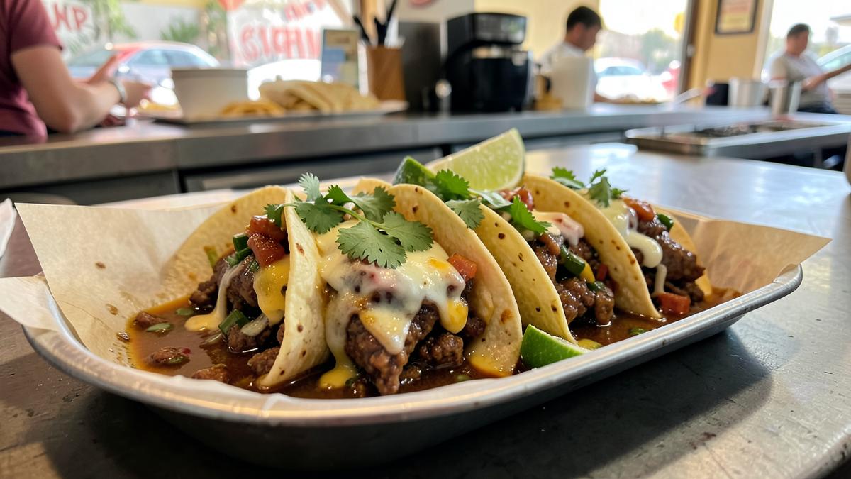 Quesabirria tacos with melted cheese and a cup of consomé on a tray at a San Diego taqueria