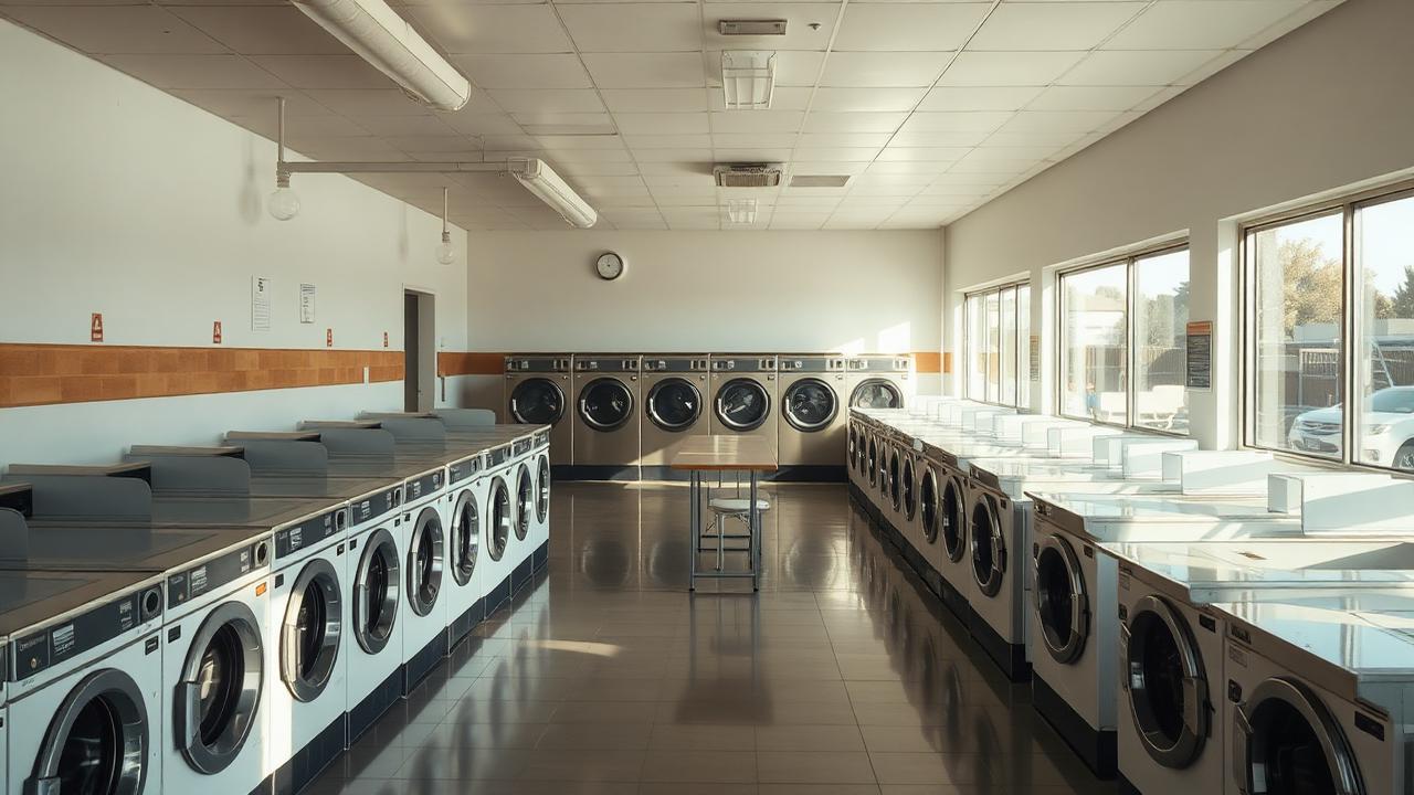 Bright clean laundromat interior in San Diego with rows of washers, dryers, and folding tables