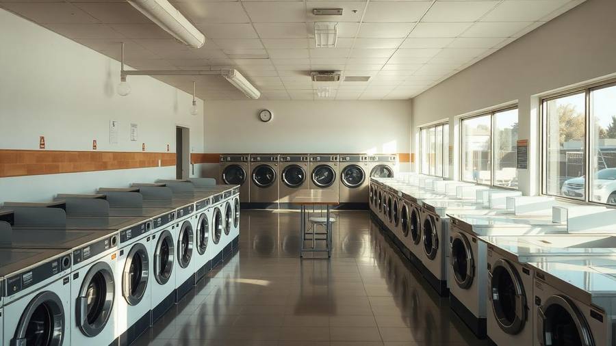 Bright clean laundromat interior in San Diego with rows of washers, dryers, and folding tables
