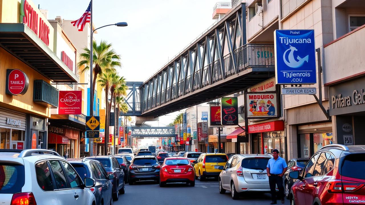 Busy Tijuana street near the border crossing with colorful storefronts and a pedestrian bridge