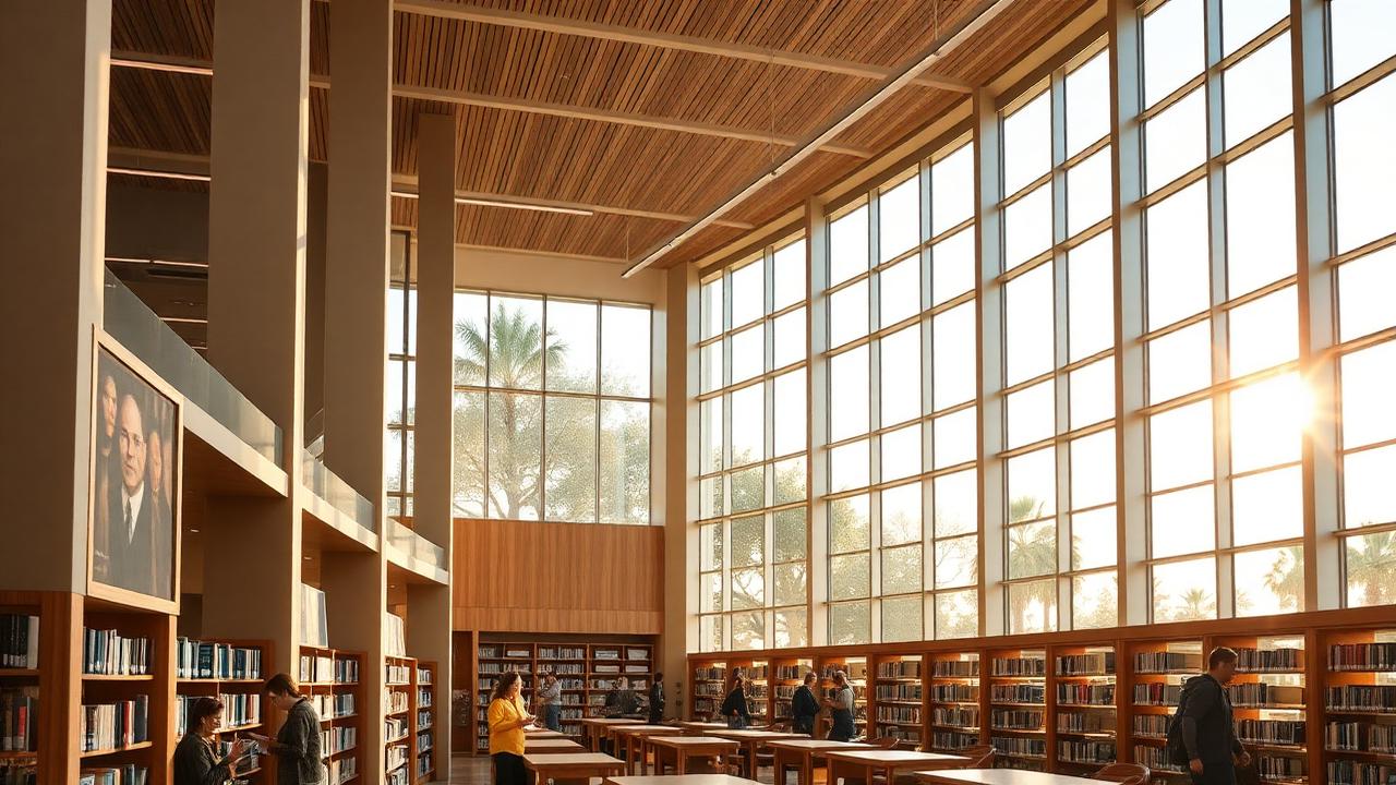 Sunlit modern public library interior in San Diego with tall windows, wooden shelves and people reading