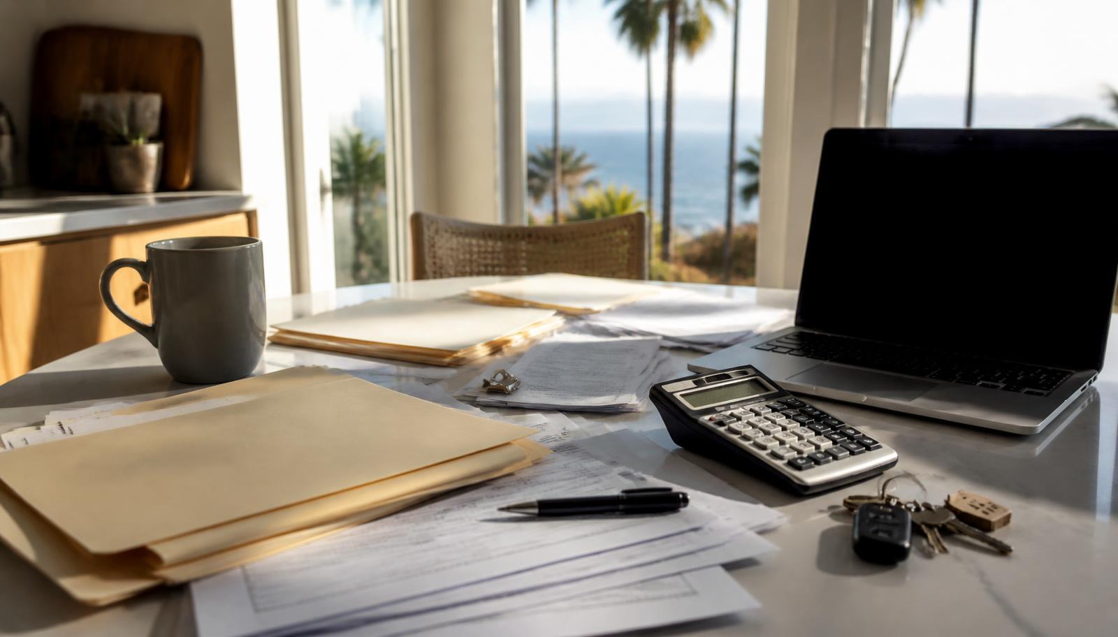 Kitchen table covered with manila folders, bills, a calculator, laptop, and house keys in a sunlit San Diego home with palm trees and ocean outside