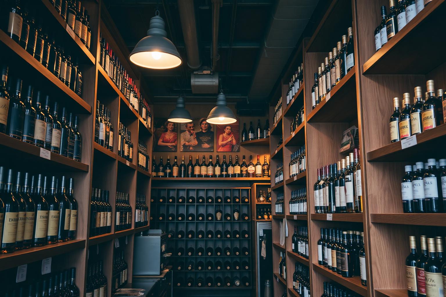 Interior of an independent San Diego bottle shop with wooden shelves of whiskey, tequila and wine