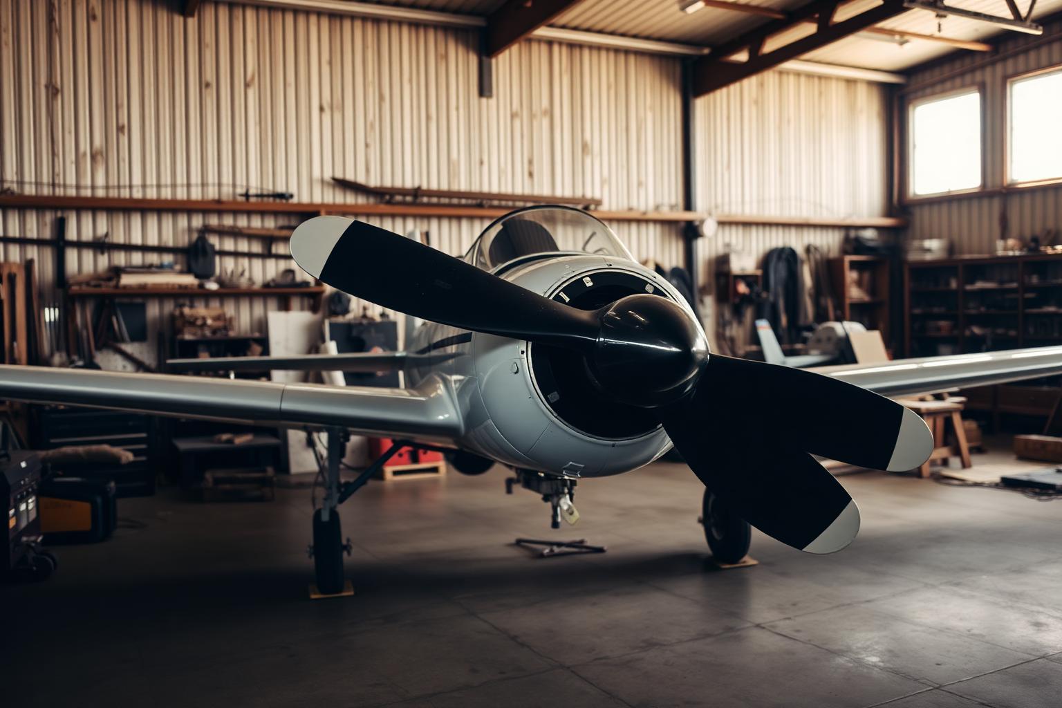 Vintage propeller airplane inside a historic hangar with workbenches and tools
