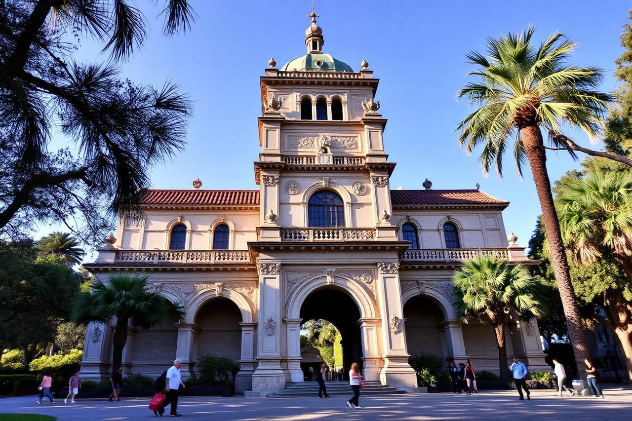 Ornate Spanish Colonial Revival building with a tiled dome in Balboa Park, San Diego, in morning light