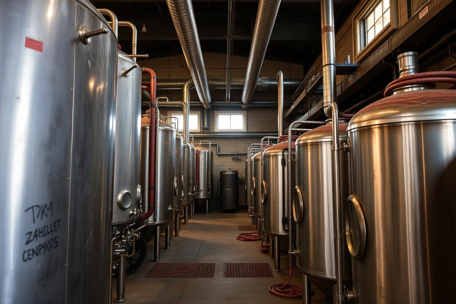 Stainless steel fermentation tanks and hoses inside an industrial San Diego brewery