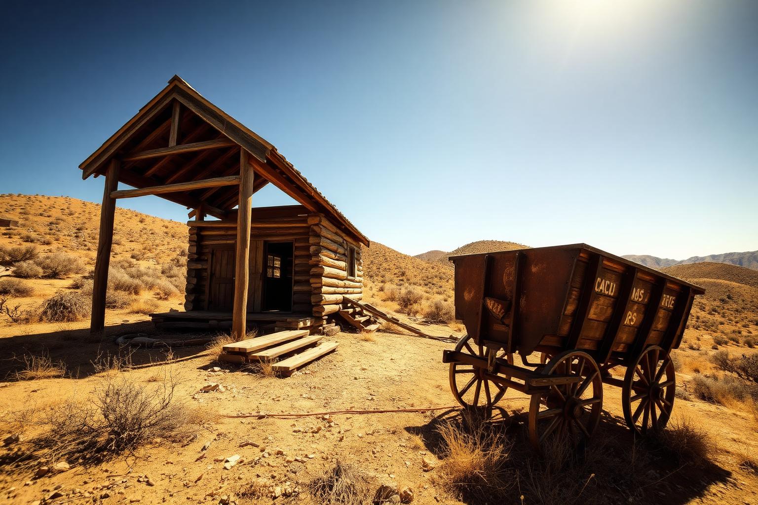 Abandoned wooden mining building and rusted ore cart in the dry San Diego County backcountry