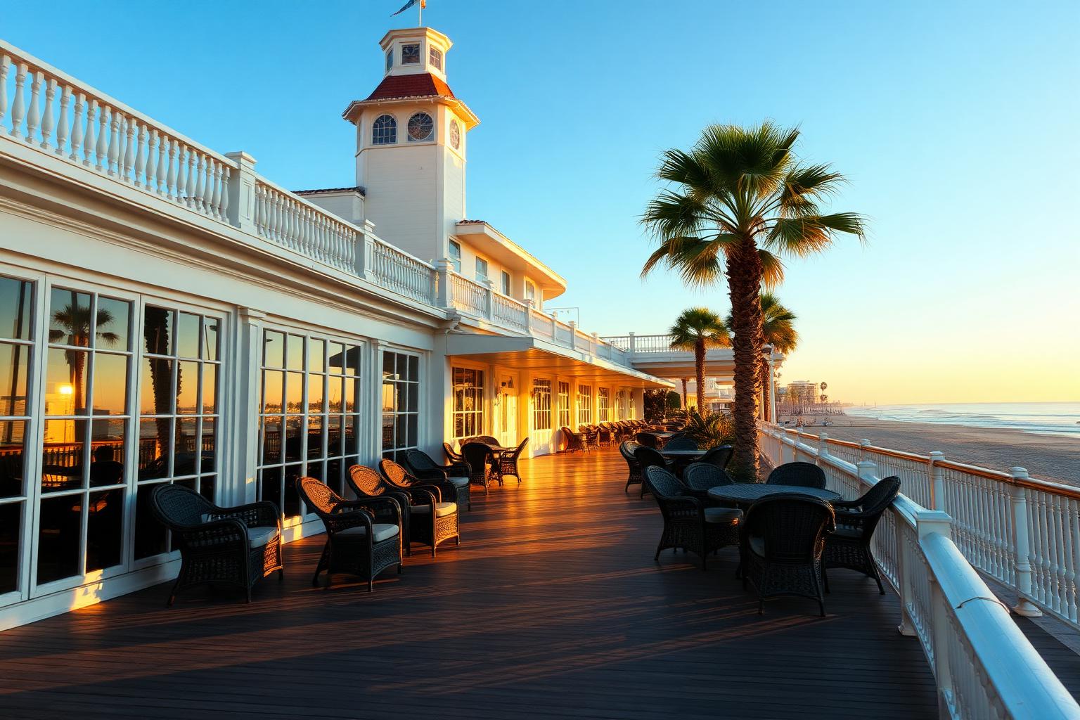 Grand seaside hotel veranda in Coronado at golden hour with wicker chairs and palms