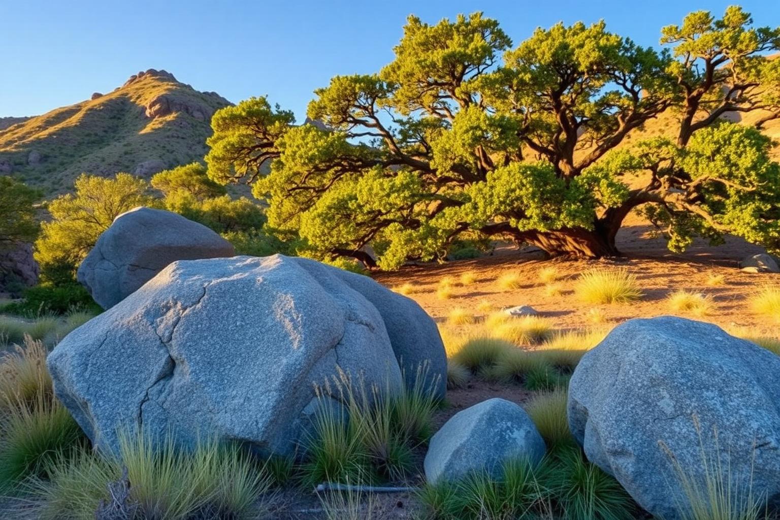 Granite boulders and old oak trees in the San Diego County backcountry at golden hour