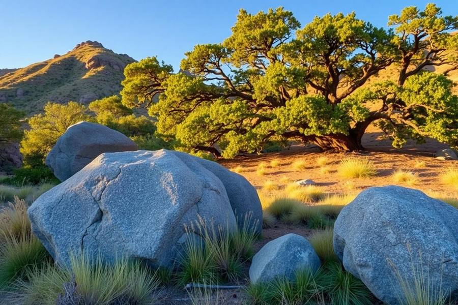 Granite boulders and old oak trees in the San Diego County backcountry at golden hour