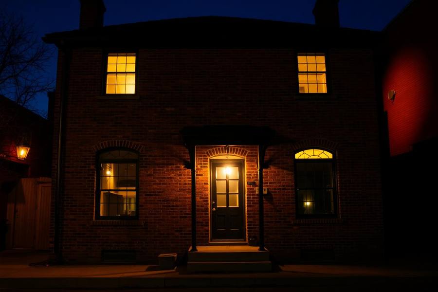 Historic brick house in Old Town San Diego lit by lamplight at dusk