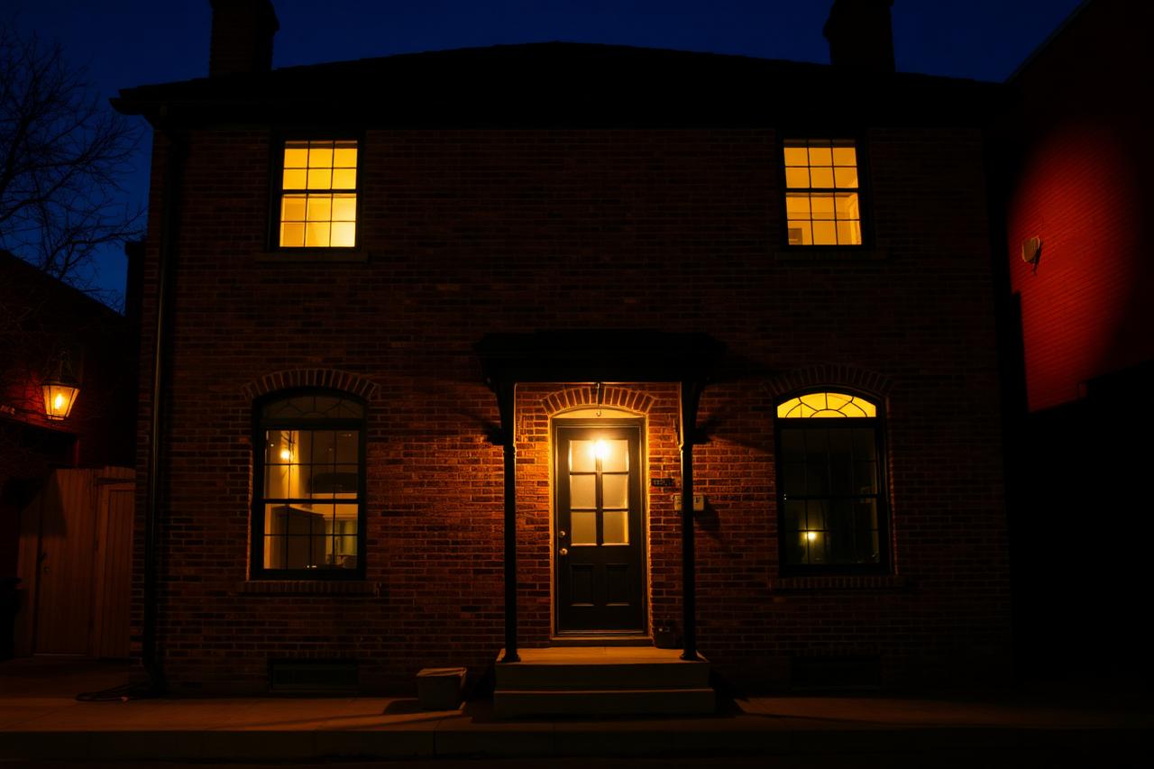 Historic brick house in Old Town San Diego lit by lamplight at dusk