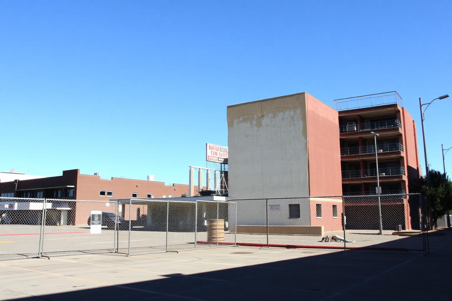Fenced-off demolition site next to an older building in downtown San Diego under bright sun