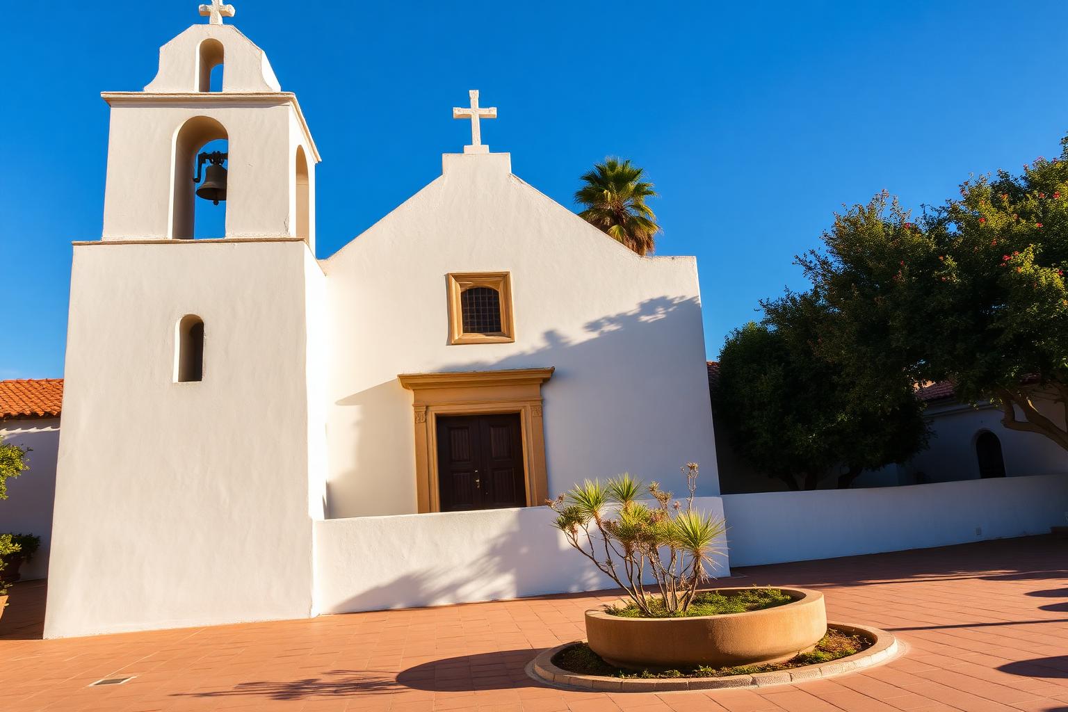 White adobe Spanish mission church with bell tower and courtyard in San Diego